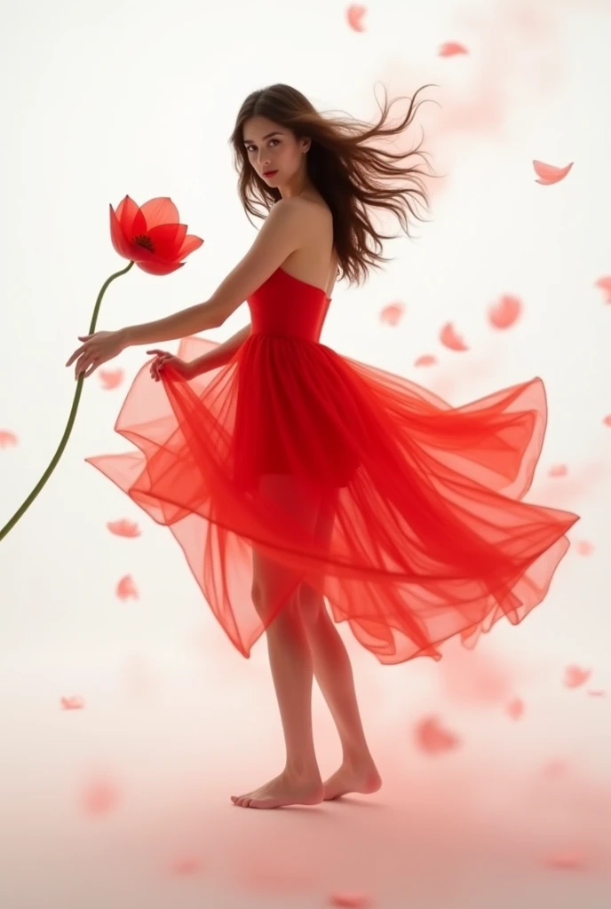 Light red tone, simple white background, minimalist, elegant, pure gentle, soft light, photorealistic. Hypergiant red poppy with huge and long petals. (petal made of thin and soft tulle, flowing petals full background, floating petals, hyperflying petals, Smoke and petal effect mix). Beautiful woman in full growth, Beautiful legs,shoes,in a fast dance pose, (Ultra detailed face, hyperrealistic) posing with this lotus, woman holding green stem in front of her, lotus center in the photo, woman looking at viewer, permission 8k, masterpiece, top quality,