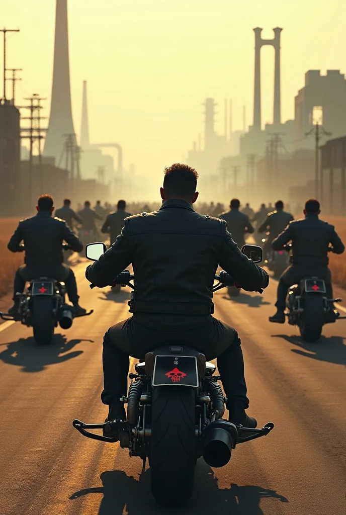 Dozens of motorcycle gangsters ride their motorbikes with their backs to the camera.