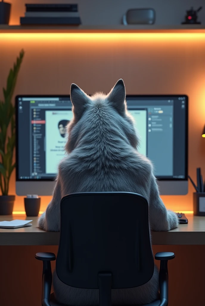 Create an image of a wolf 3D viewed from behind, sitting at a detailed workstation with a computer. The environment should feel modern and professional, with warm lighting and a cozy atmosphere