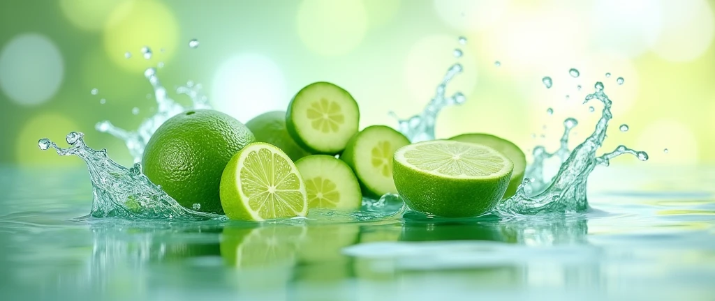 Splash of green lime and sliced cucumber background,
Natural water that includes sliced cucumber and green lime and whole cucumber
