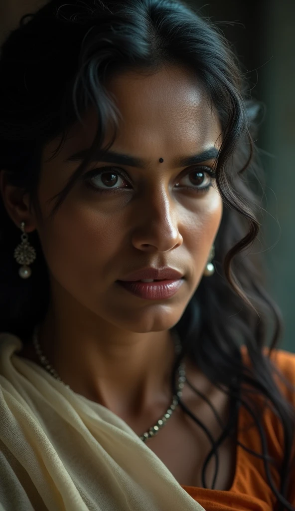 Savitri’s Determined Expression:** A close-up of Savitri’s face as she learns about Satyavan's impending death, her expression changing from shock to determination.