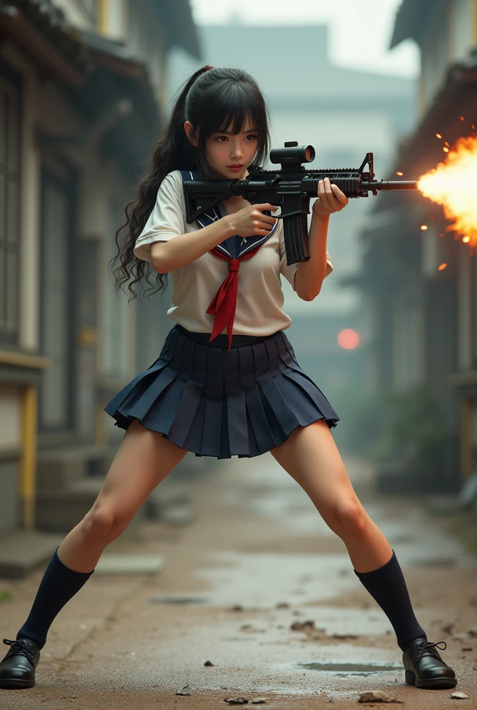 beautiful japanese school girl mini skirt realistic machine gun toting toting hip firing real person legs apart standing rampage shooting side target facing


