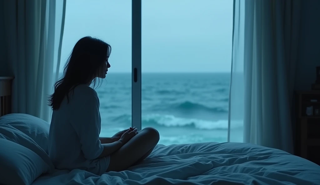 woman sitting on bed with her back looking at the blue sad sea