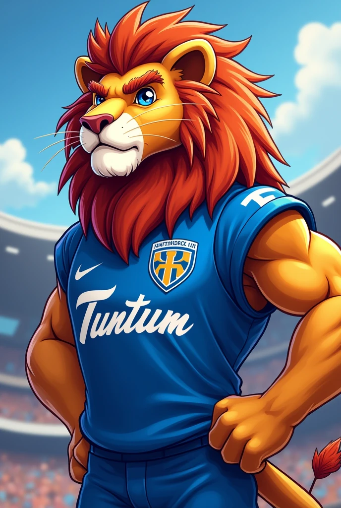 An animated lion mascot wearing a jersey for a TUNTUM team, of the color blue