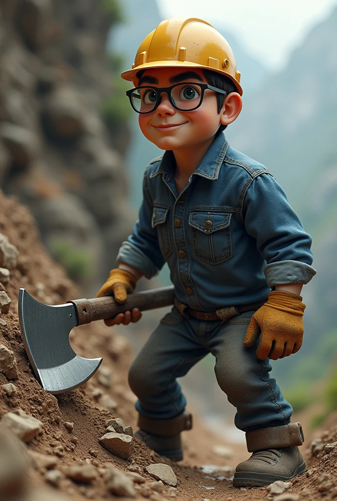 I NEED TO RECREATE AN IMAGE OF A SHORT WORKER WITH SAFETY GLASSES,with helmet,gloves. THAT HAS A BLUE JEANS SHIRT THAT IS RUBBING A MOUNTAIN WITH A MACHETE