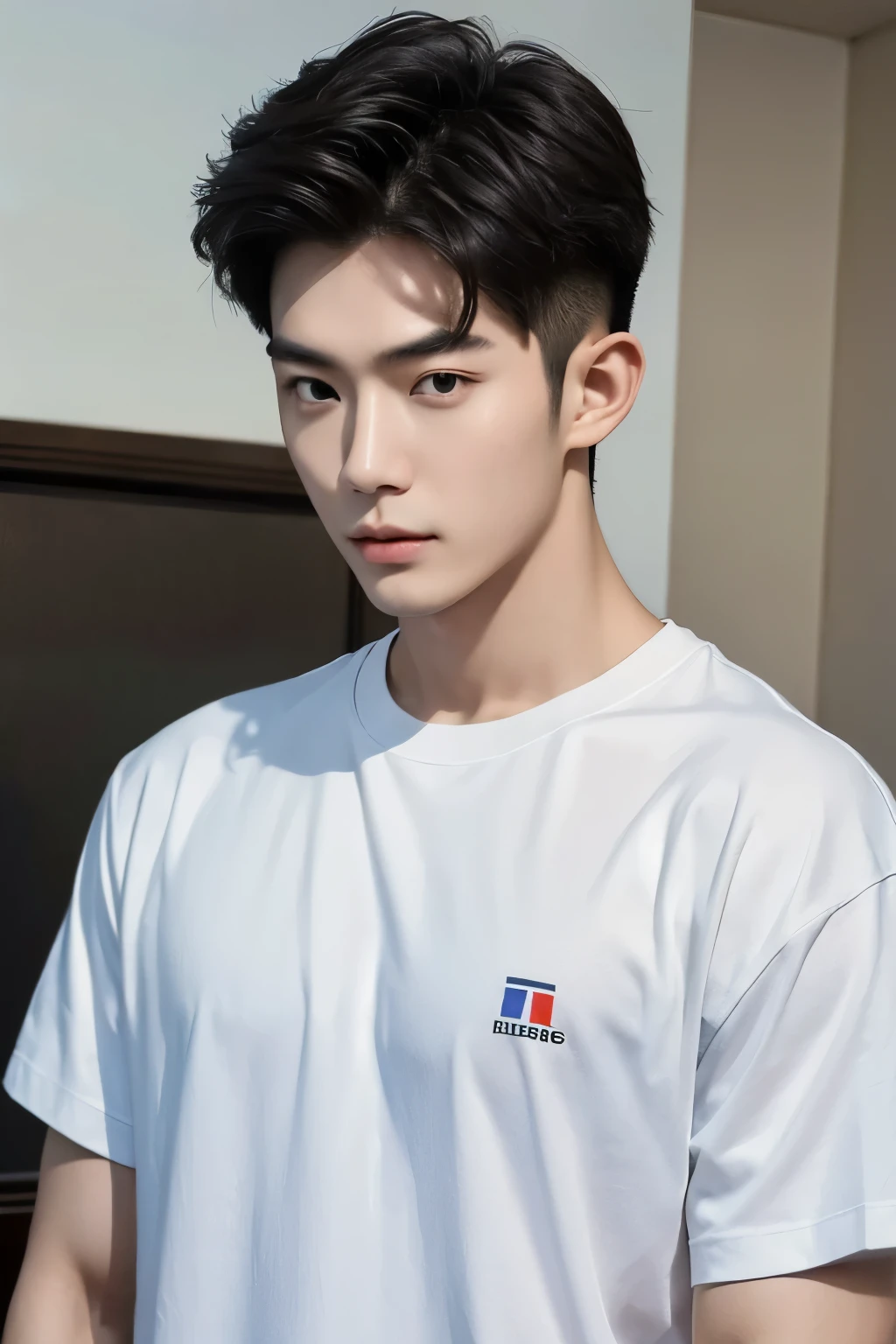 masterpiece, Best quality, realistic, a handsome Thai-Korean guy, aged 20-25, dressed in a fashion t-shirt, wearing a prominently visible wristwatch.  The wristwatch adds a touch of sophistication to his overall look