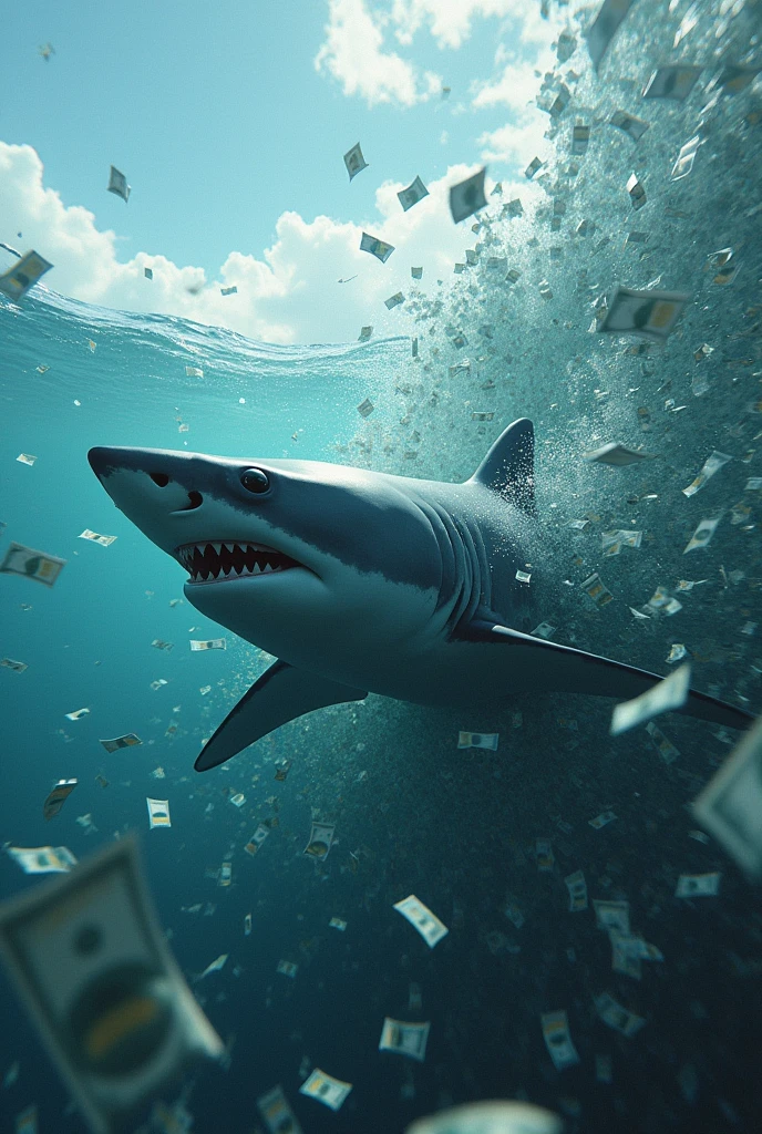 Shark swimming in money in a big ocean and clouds and sky