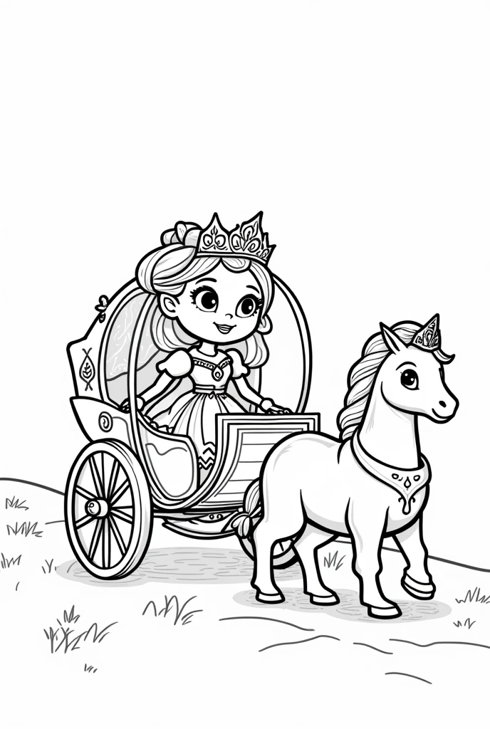 Stress-free coloring, page with image of princess with carriage scene, style cartoon, linhas grossas, uncolored, totally white background, only lines. Beautiful appearance