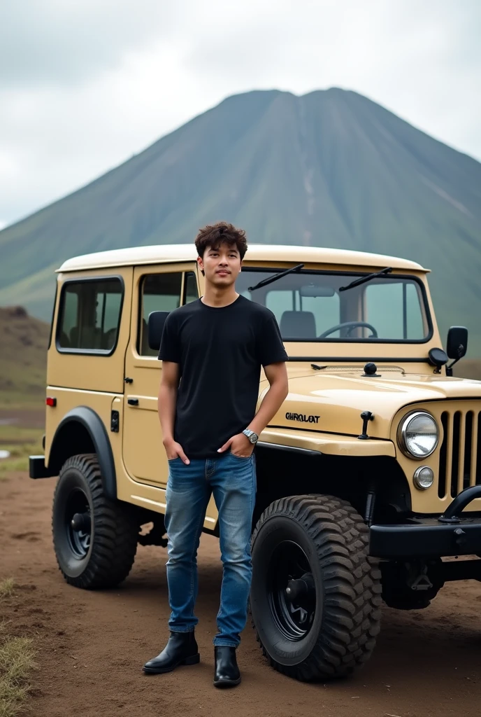 Stunning professional photo of a Korean man with short curly hair, standing next to a classic beige Jeep parked in front of Mount Bromo. Wearing a black t-shirt, blue jeans and black boots, he posed near a Jeep equipped with radial tires, brightly tinted windows and black accents, exuding a sense of adventure. The Bromo savanna illuminates the landscape, creating a harmonious blend of modern and classic elements