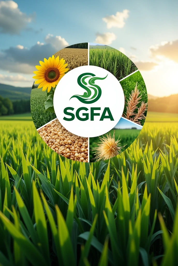 Real image of agricultural fields for financing system for agricultural producers must include logo with initials SGFA and collage of images of corn crops, Sunflower, rice,