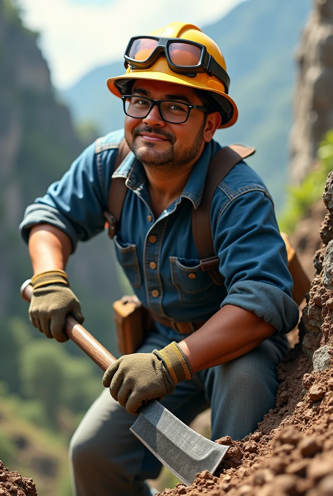 I NEED TO RECREATE AN IMAGE OF A SHORT WORKER WITH SAFETY GLASSES,with helmet,gloves. THAT HAS A BLUE JEANS SHIRT THAT IS RUBBING A MOUNTAIN WITH A MACHETE