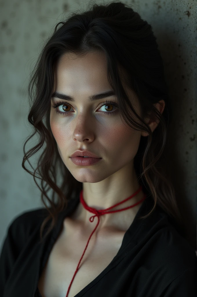 A serious woman with a thin red thread wrapped around her neck
