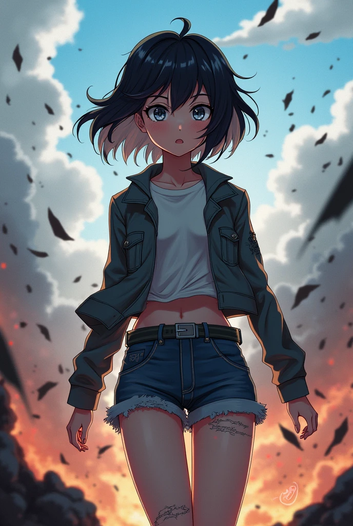 Beautiful young anime girl from my hero academy in a victorious battle zone. has gray eyes, Short hair with black on top and grey highlights below, She wears ordinary clothes that were torn a little during the battle but she looks beautiful., She has a nice body and a very pretty face.