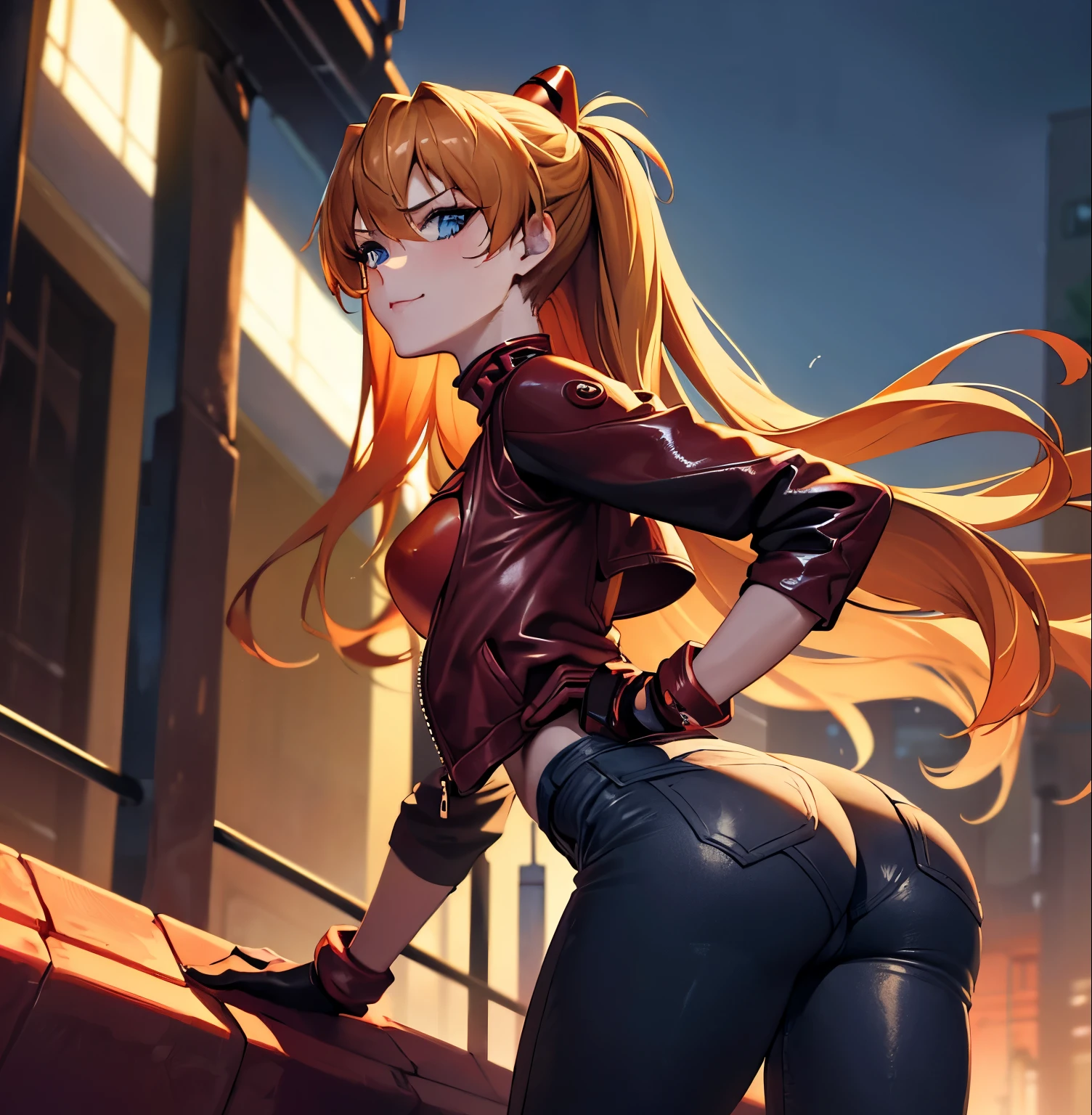 ((1girl)),((alone)),Asuka Langley,(masterpiece), (best quality), (ultra detailed), (best illustration), (best shadow), (absurdities), sharp focus, cowboy shot , dynamic posture looking at the viewer, small breasts, narrow waist, wide hips, wide thighs, round butt, erotic, romantic, (very detailed eyes, lips 1.1), very detailed eyes, eyes, Very detailed face, Very beautiful face, height full, beautiful slim figure, femininity, expressive appearance, elastic small breasts, sexuality, 25 years old, orange hair, medium hair, perfect proportions, (Asuka Langley, plug-in suit 02:1.2)), ((Blue eyes, beautiful face, eyes beautiful))), moist eyes, bright eyes, thin face, thin lips, narrow eyes, thin pale eyebrows, long eyelashes, long lower eyelashes, model taking a pose with hands on hips, sullen look, ((jacket red leather)) , ((open jacket)),((black tank top)),tight shirt,((neckline)), ((black jeans)), bare waist, navel,tight jeans,beautiful female hands with gloves Tight red leather shoes, red sneakers, (full body composition standing in model pose with realistic details: 1.1), accurate simulation of light-matter interactions, defined body, perfect and beautiful body, perfect and beautiful, closed mouth, smile, seductive smile, blushing, (sexy pose: 1.2), ((solo)), standing: 1.3, outdoor, cyberpunk cityscape, streets, city, lights neon, city lights, rain, night, looking forward, ((focus on waist)), point of view: (from Middle), red blush, perfect anatomy, perfect hands