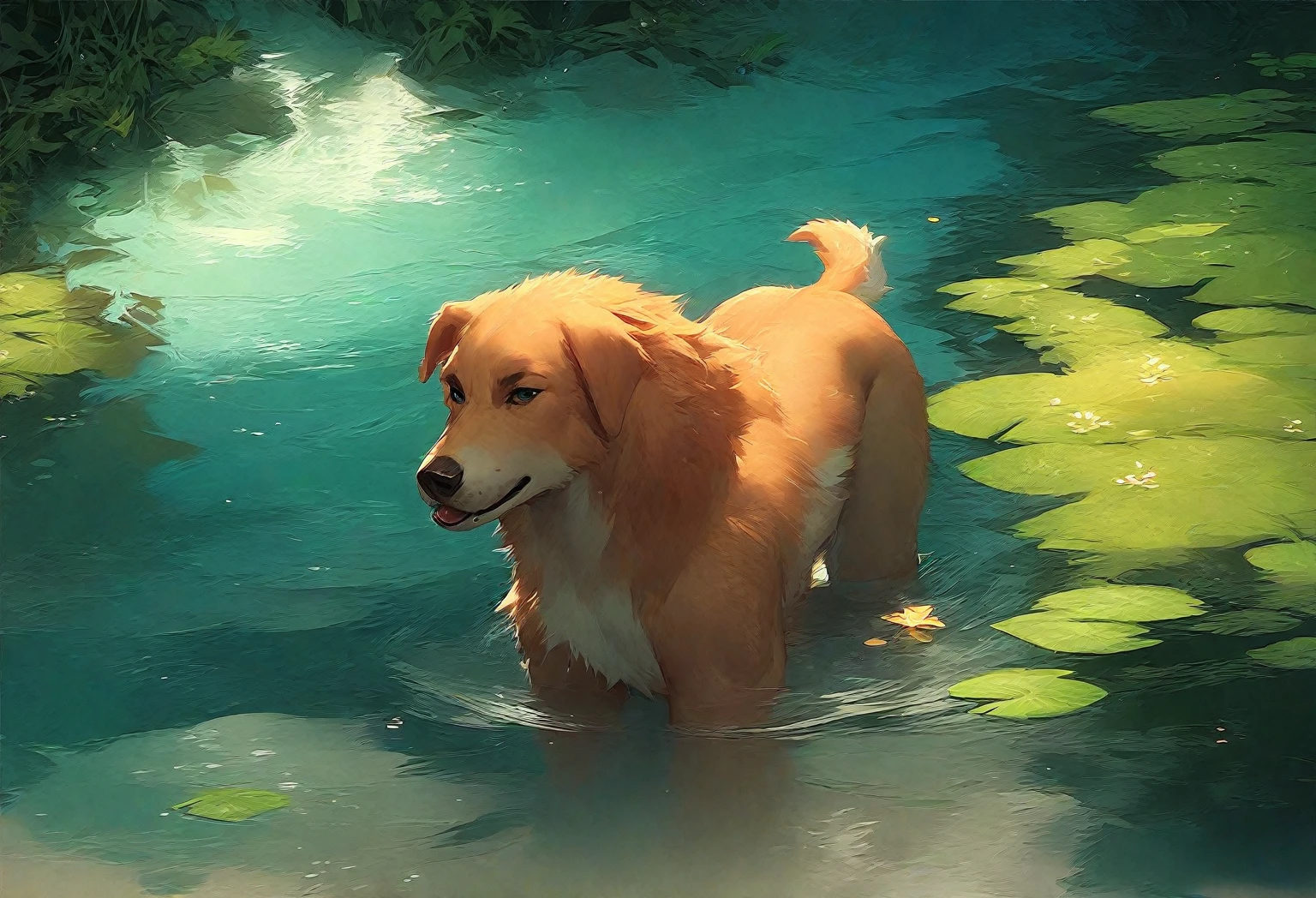 Cartoon character dog stanging in a river
