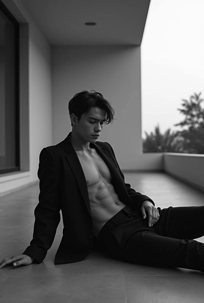 (photorealism:1.2), Handsome Sad male model on floor terrace, black and white,