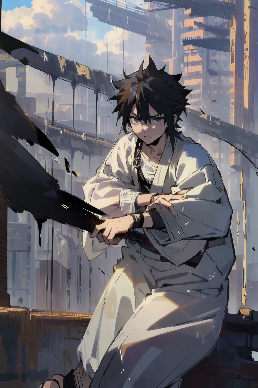 ((perfect generation, masterpiece quality, 1male, male focus, looking at viewer, solo, teenager, samurai,))

faded black hair, short, messy hair, brown eyes, sclera, calm expression, black robes, open, bandages, sandals, hands to side, detailed eyes,

((feudal japan, city, cloudy sky, morning, full body))