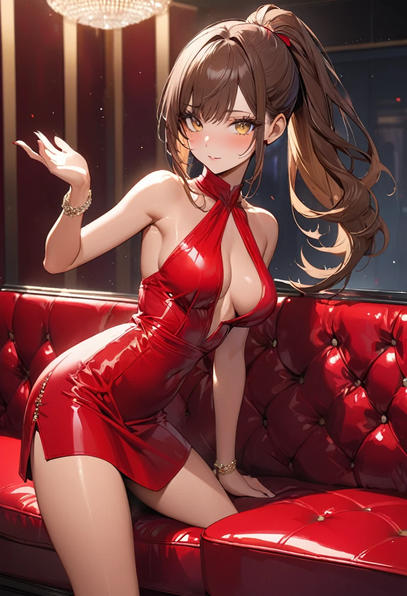 ((best quality)), ((Masterpiece)), (details), Young woman, Medium bust, brown hair, yellow eyes, ((long hair, ponytail)), handsome face, (Tanned skin:1.3), Long eyelashes, Thick eyelashes, red dress, sexy, Erotic, dynamic gesture, VIP room, Red sofa, 