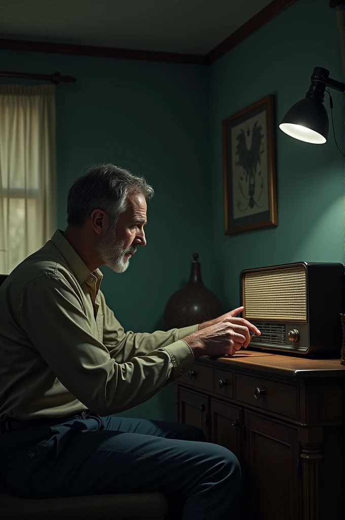 a middle aged man, Jonas, is sitting in a dimly lit room, tuning an old radio. He looks scared and suspicious, with sweat on the forehead, while a strange static comes out of the radio. na sala, there is antique furniture and a modern camera in the corner of the ceiling, watching him.