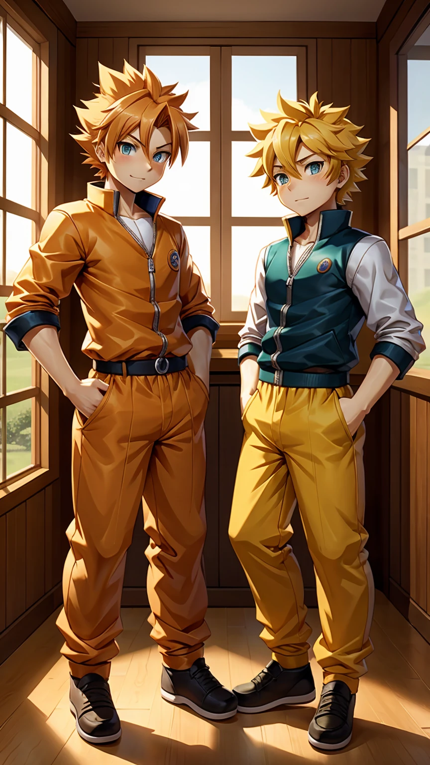 Highest quality,Full body image,2boys,Super Saiyan Adrien and Adrien in Naruto clothes