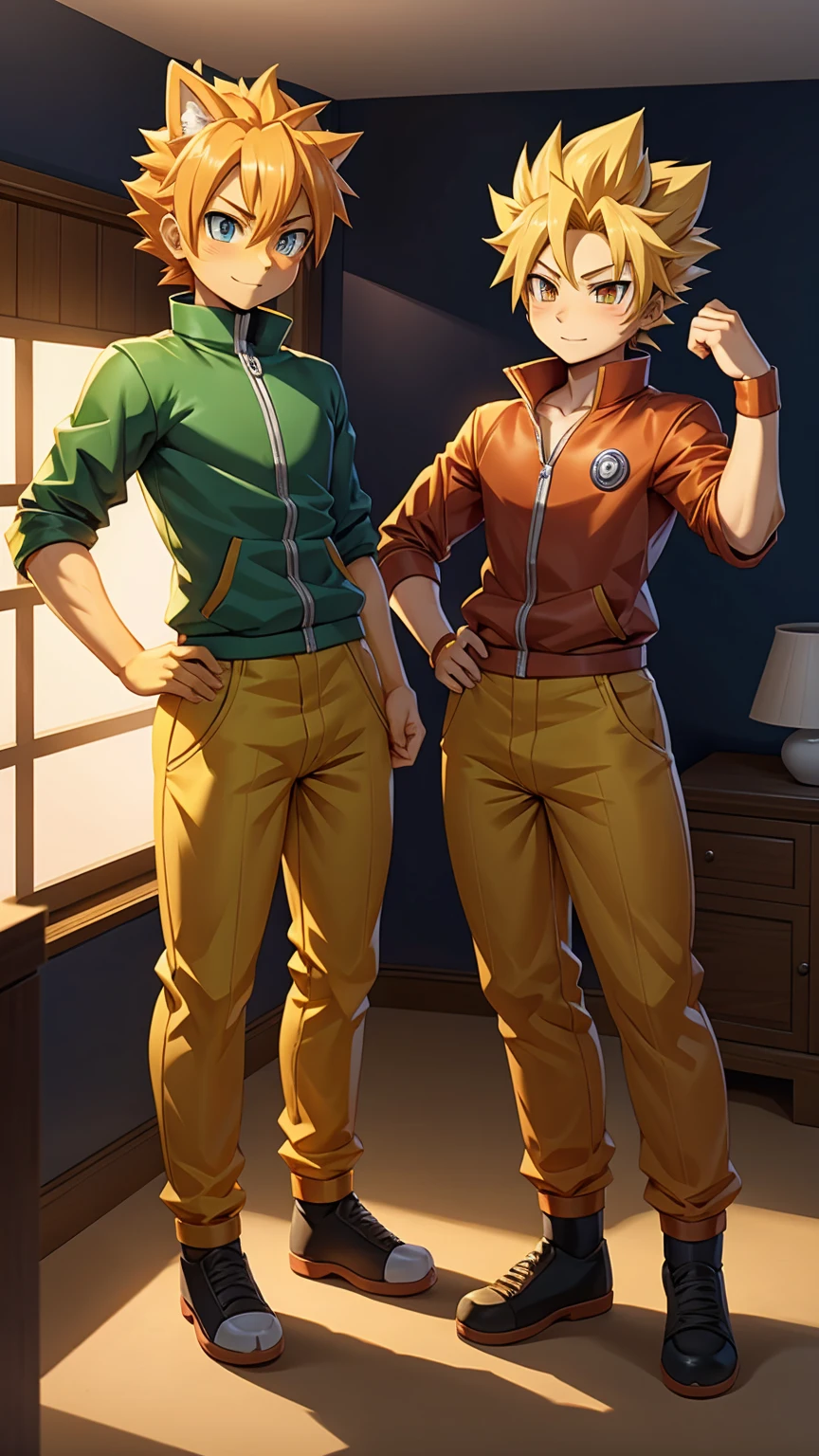 Highest quality,Full body image,2boys,Super Saiyan Adrien and Adrien in Naruto clothes