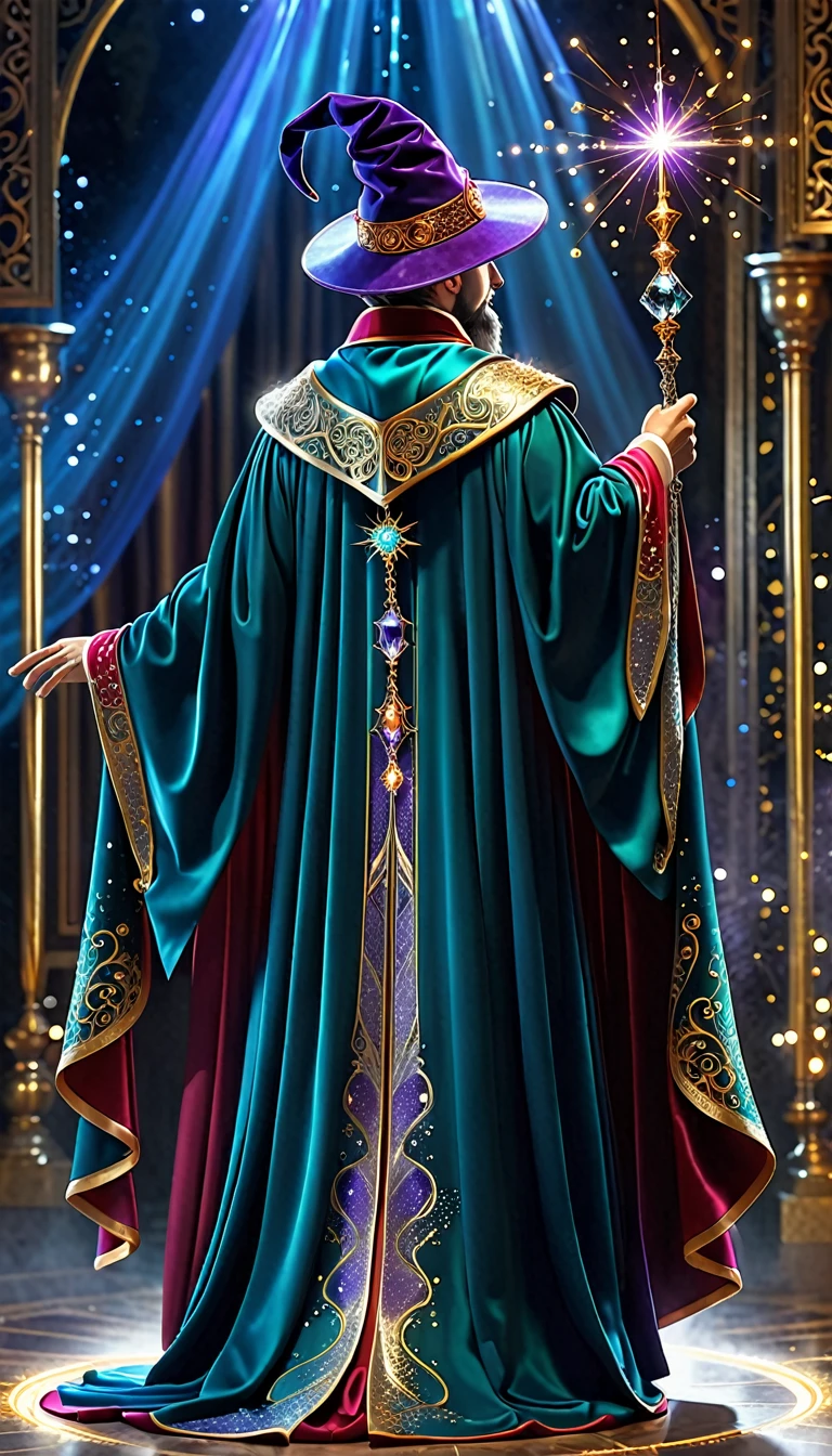 Frontal angle:
The magician stands straight, his face is clearly visible. The robe with luxurious patterns and precious stones are clearly visible. A magic staff with a bright crystal is in one hand, the other hand can be raised or in the belt pocket. The background is magical, with floating luminous particles.
Side view:
The magician is depicted in profile, to highlight the details of his clothing and staff. The long cape and hat must be visible in full length., с акцентом на детали и jewelry. Staff in hand, the crystal sparkles brightly.
Back angle:
back view, showing the cape and details of the jewelry, located on the back. The magic staff is partially visible, depending on the viewing angle. The atmosphere of the background should maintain a mystical and magical look..
dynamic perspective:
A magician in motion or in a spell pose. The robe flutters, the staff glows brightly, and the background can be filled with magical effects and dynamic particles.
Close-up:
Details of the mage's face and clothing elements. Pay attention to facial expressions, precious stones on clothes and details of the magic staff.
Technical details:
style: fantasy atmosphere: Magical and majestic Color palette: rich and bright colors, emphasis on gold and silver Details: Magic elements, jewelry, magic light