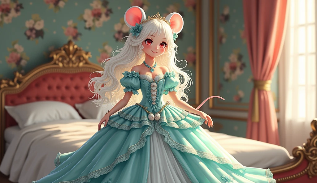 (best quality,4k,8k,highres,masterpiece:1.2), ultra-detailed, Pretty albino girl has a princess, drawn in 2D anime style, steampunk, wearing a iridescent turquoise and white princess gown with puffy sleeves, steampunk, gorgeous frilly dress design,flowing gown, elaborate lace details,rich textures,contrast stitching,delicate ribbon bows, seashells embroidery, full skirt with ocean wave pattern,short sleeves,fitted waistline,flared cuffs,lace-up back,luxurious fabrics,flawless silhouette, long curly white hair and red eyes, white fur, smiling, mouse ears and tail, ribboned high heels, white elbow evening gloves, gold bracelets, tiara made of seashells, beautifully detailed lips with lipstick, long eyelashes, eyeshadow, seashell necklace, in a castle bedroom with intricate decoration and luxurious furniture, flower wallpaper, she is happily checking her new princess dress.