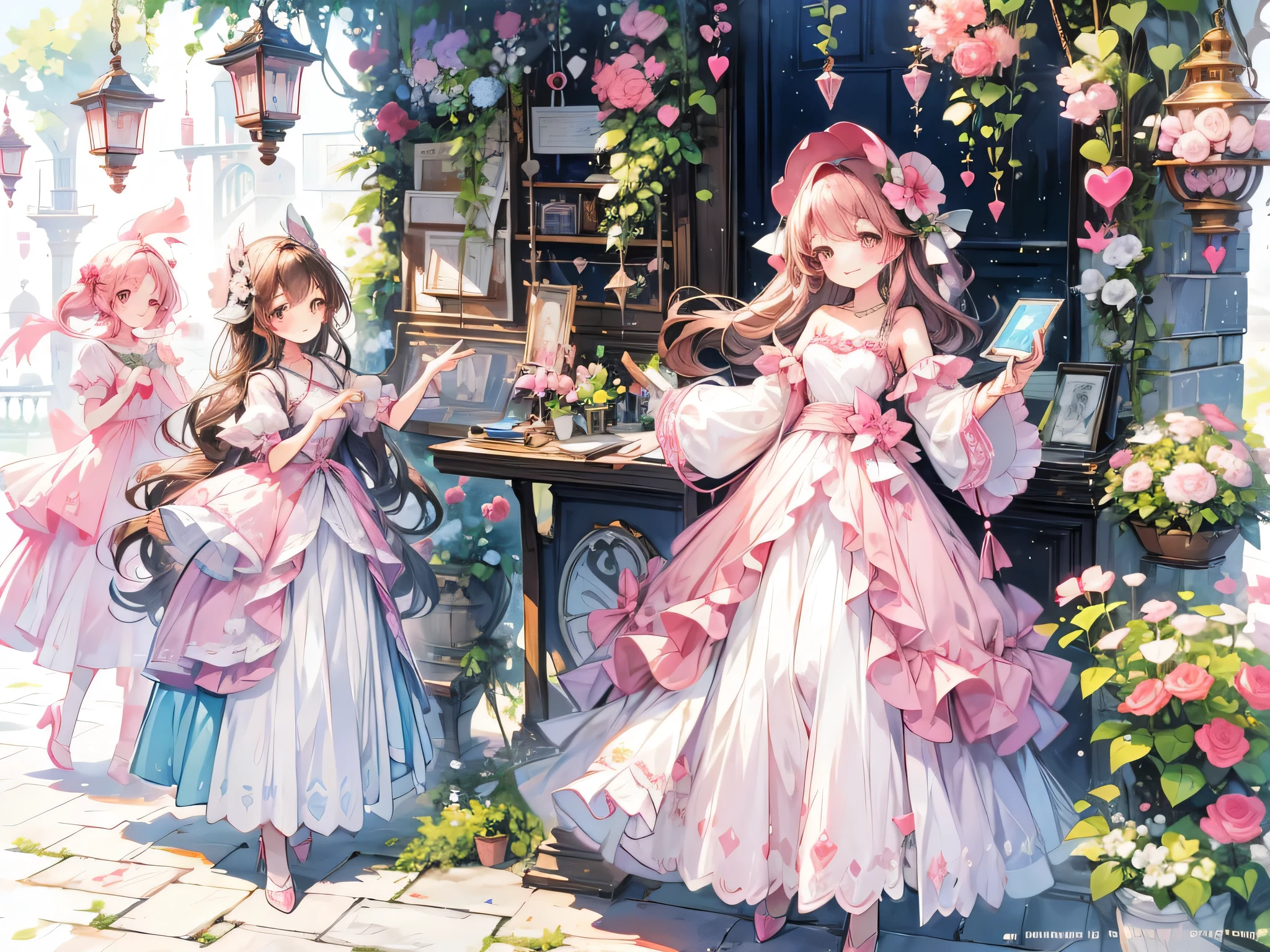 Half body illustration, A girl smile happy, flushie pink sheep, (Selfie), brown hair, white dress, town, 