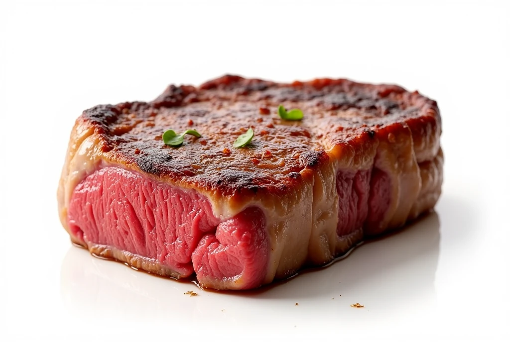 Create a hyper-realistic, clean image of a steak with a hot, fresh appearance. The steak should be well-done on the top and medium-rare on the rest. Ensure that the final image has a plain white background for clarity and focus. Use medium contrast to highlight the textures and details of the steak, ensuring a visually striking and appetizing presentation.