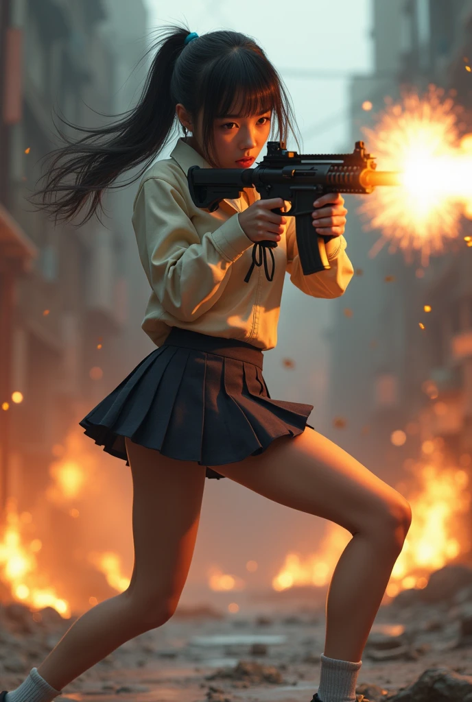 beautiful asian school girl mini skirt realistic machine gun toting toting hip firing real person legs apart standing rampage shooting side target facing


