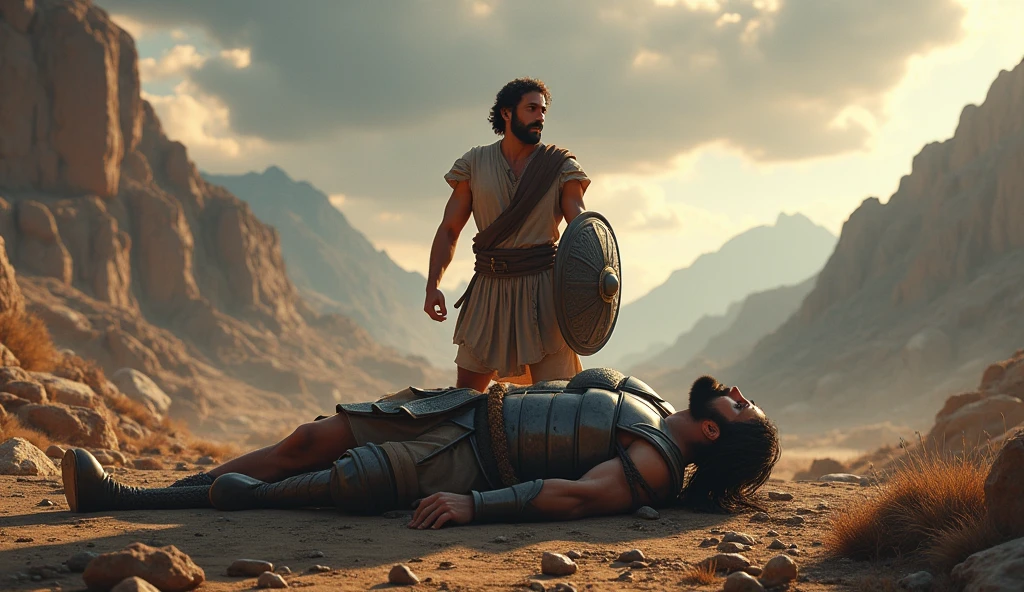 (photorealism:1.2), David kills the giant Goliath, gaining fame