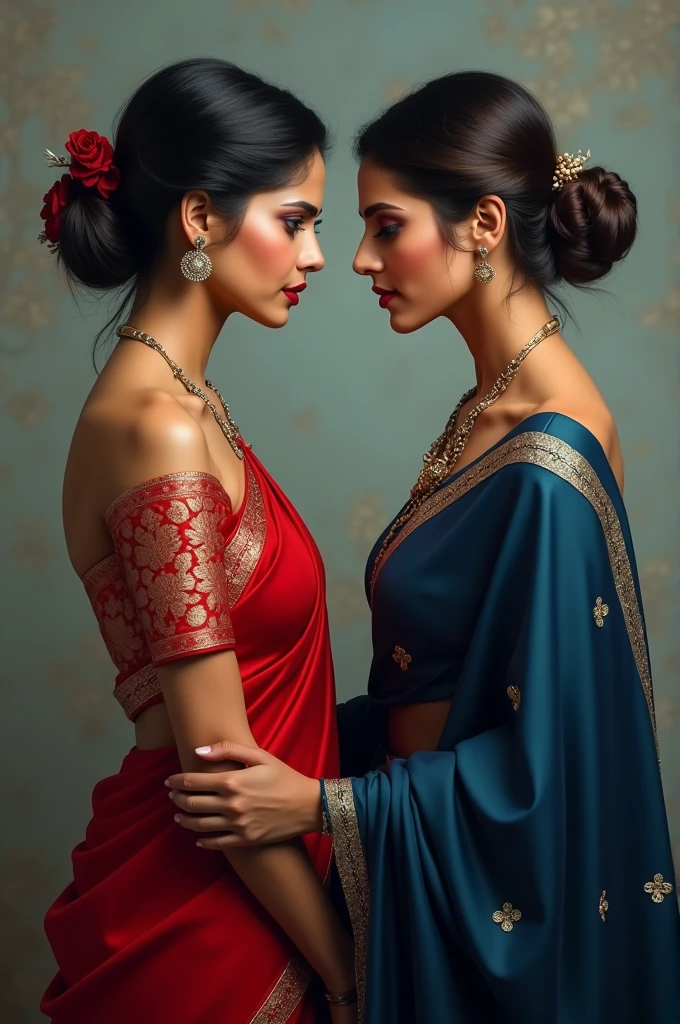 One woman in red saree and another woman in blue saree stare each other in hatred for the same husband