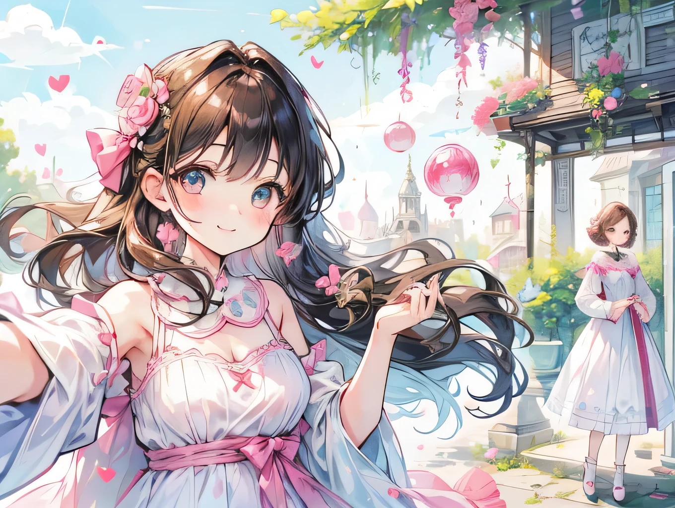 Half body illustration, A girl smile happy, flushie pink sheep, (Selfie), brown hair, white dress, town,