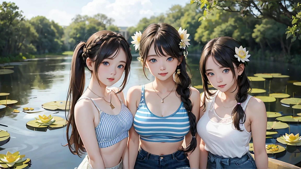 ( 3 girls), smile、Look into the camera、diamond necklace、braided hair, Wear a jeans skirt..( Striped tank top)revealing upper arms、Extra long twin tail feathers、Flower Hair Ornaments、 Masterpiece, Highest quality, 8ก, beautiful girl, young face、 photography, Cute face, thigh,(In the lotus pond),、รอยรอยsmile、small waist, blue eyes(((The chest is erect....)))(((round chest)))(((Big breasts 1.3)))