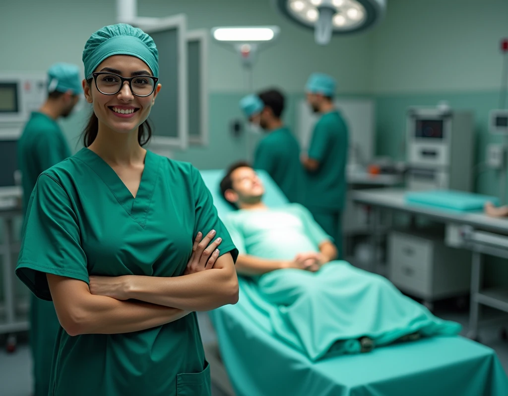 Aishwarya Rai as surgeon, wearing green scrubs, wearing skull cap, wearing surgical glasses, standing beside male patient on gurney, in operation theatre, fullbody view, topdown view, arms crossed, smiling