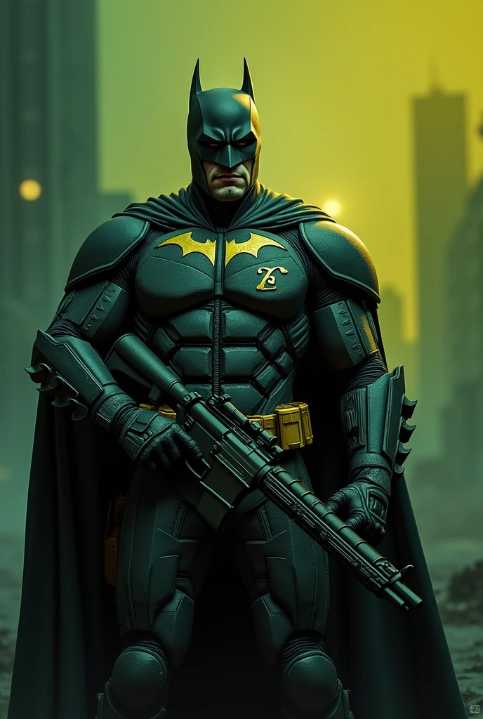 Create a right-wing batman, with the 22 in place of the mark that is stamped on the chest of his armor, lots of green and yellow color, with batman making bolsonaro's gun.