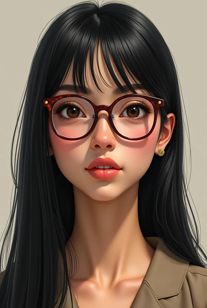 Create a realistic person with straight black hair, elongated brown eyes, slightly turned-up nose,  wide lips, sandy skin color and glasses, whole body.