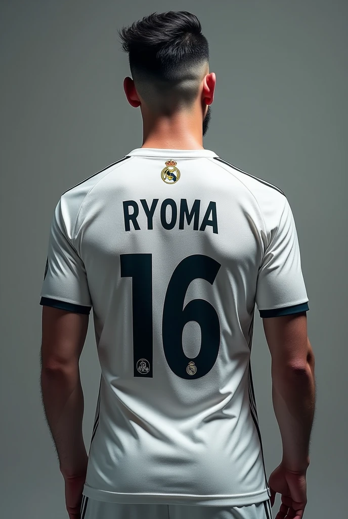 A player with his back , with the name Ryoma and number 16 on the back of the Real Madrid shirt with the mid fade of Haircut 