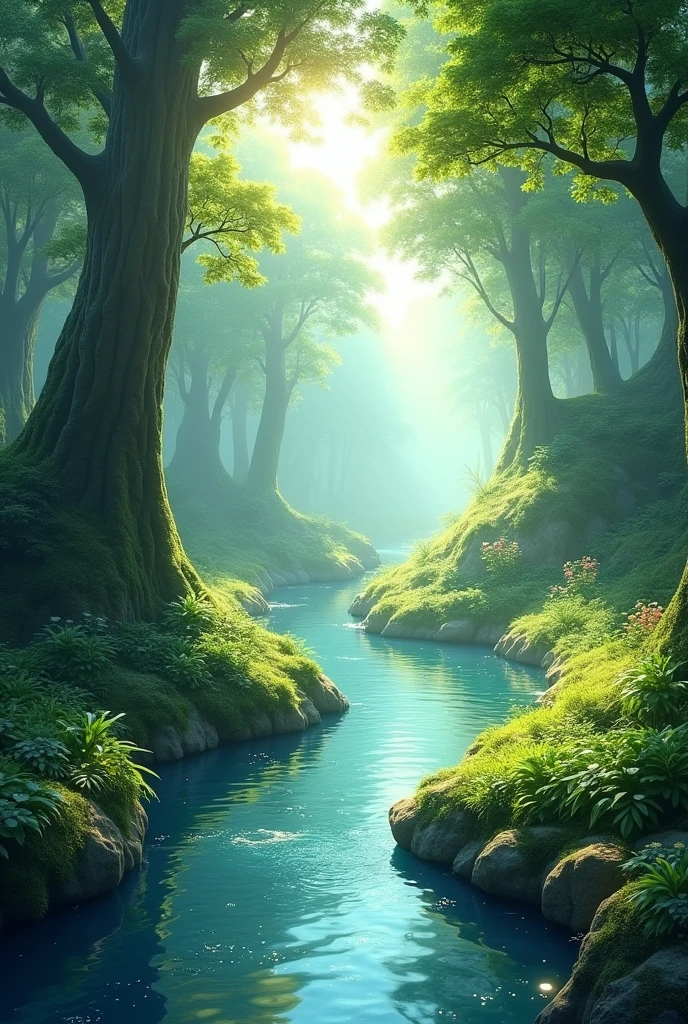 A beautiful scenery of water flowing and greenery around it