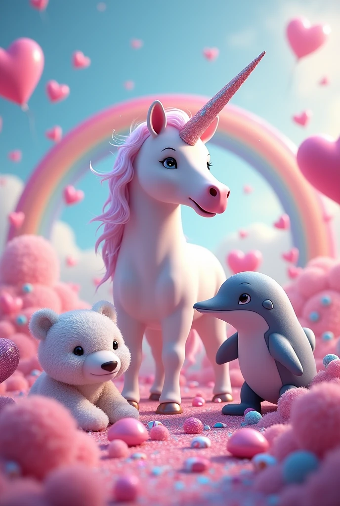 Unicorn with polar bear and dolphin, hearts, rainbow, lots of glitter and candy