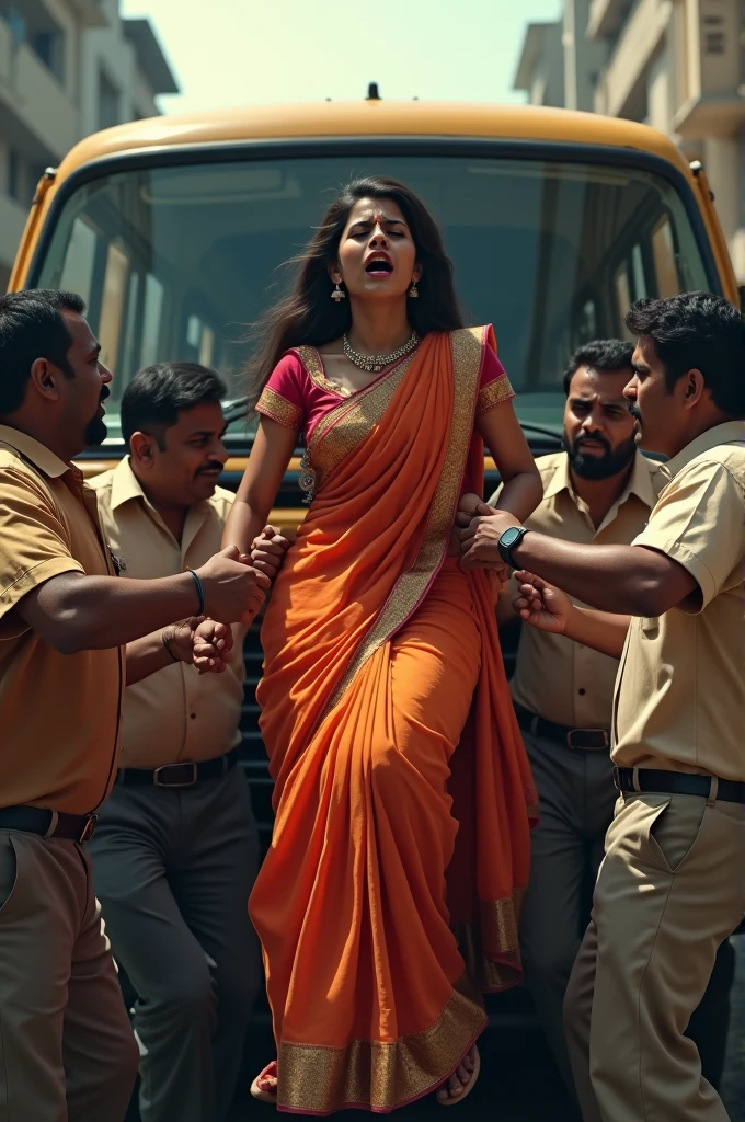 A group of 10 to 15 men are lifting a girl wearing a saree and putting her in an omni van and out of those 10 to 15 people, 4 are holding the girl's hands and legs and that girl is screaming in pain. That girl is wearing an Indian saree and those people are taking off that saree.