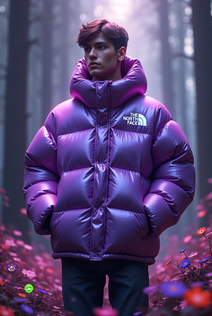 Here's the prompt summarized and missing the template:

"Create a fashion ad with an urban, futuristic and natural aesthetic, highlighting an exclusive collaboration between The North Face and Nike. The image should focus on a bulky puffer jacket in a shade of metallic purple, with a soft sheen that enhances its quilted texture. Details of the jacket include the Nike logo on the right shoulder and the The North Face logo on the left chest, as well as small neon symbols such as a green smiley and a stylized target sight.

The background should feature a dense and gloomy forest, with tall trees and deep shadows, creating an atmosphere of mystery. Add a purple-toned gradient and white graphite elements to create movement and energy. Scatter vibrant colorful flowers all around, blending in with the forest scenery.

The lighting should be soft, highlighting the details of the jacket and penetrating through the trees, creating rays of light that illuminate the flowers. The overall mood of the image should 