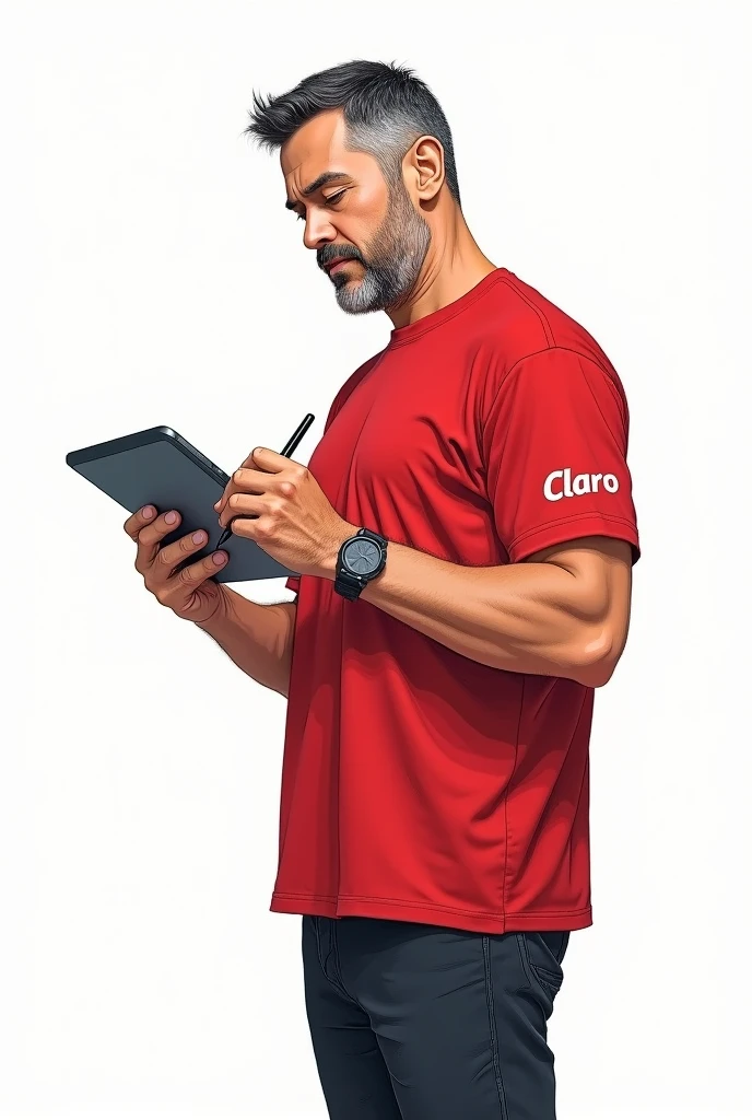 simple drawing art of a telecom technician man with a red t-shirt and black pants with the Claro logo on his arm and writing something down on a tablet with an air of assertiveness