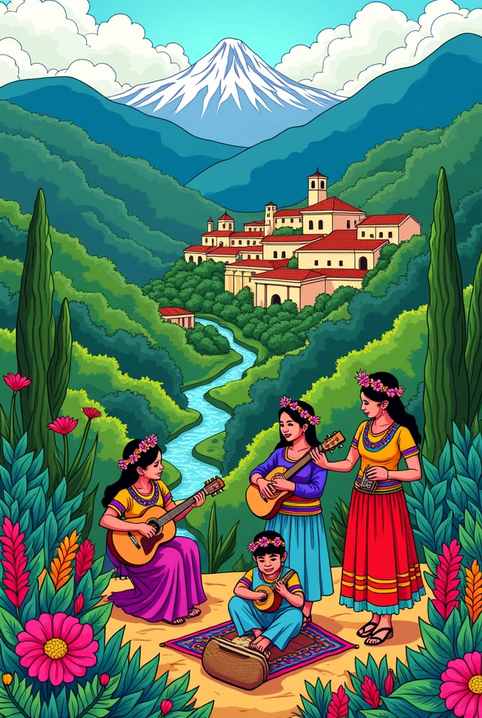 Coloring page about a landscape of Guatemala and its culture