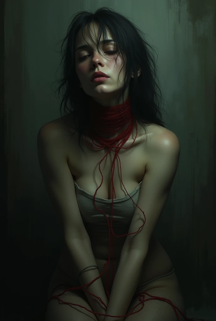 A sad woman with a thin red thread wrapped around her neck, suffocating her