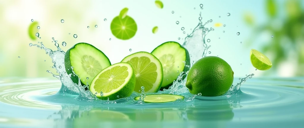 Splash of green lime and sliced cucumber background,
Natural water that includes sliced cucumber and green lime and whole cucumber
