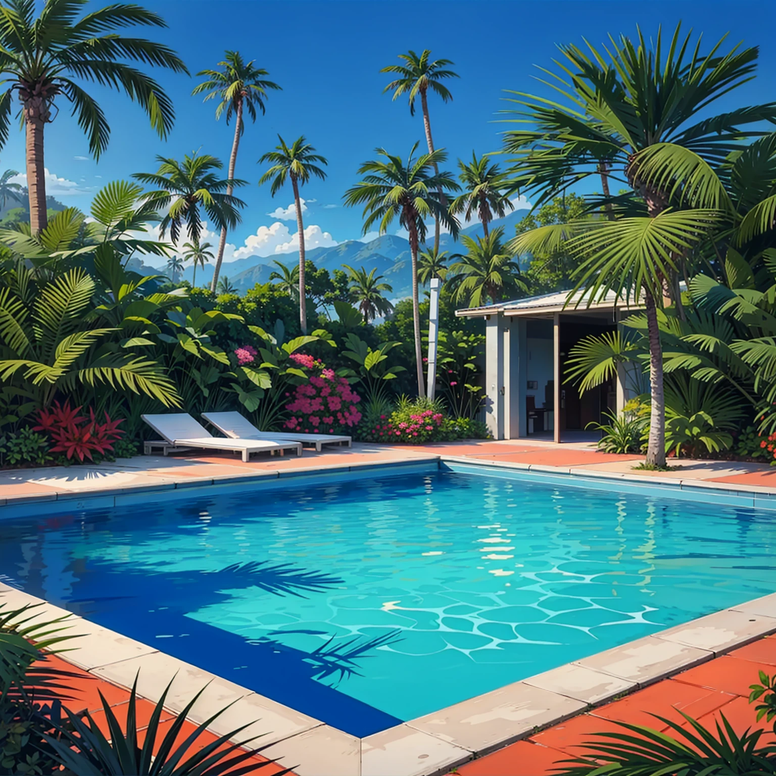 Illustration of a swimming pool surrounded by palm trees, Howard Arkley&#39;s work, Hiroshi Nagai, Edward Okuń(Edward Okuń), John Warnacott, David Hockney&#39;s work, Tropical, A very detailed heaven, Tropical environment, Shusei Nagaoka, Hot and clear, inspired Howard Arkley&#39;s work, Bob Thompson, Tropical swimming pool,  4k hd, beautiful art uhd 4k, beautiful artwork illustration, beautiful digital painting, Highly detailed digital painting, Beautiful digital artwork, detailed picture 4k, Highly detailed digital painting, Picturesque, rich colors, colorful digital painting