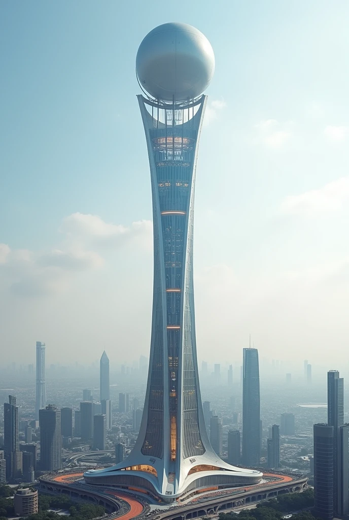 A futuristic lean tower with spherical mass on top