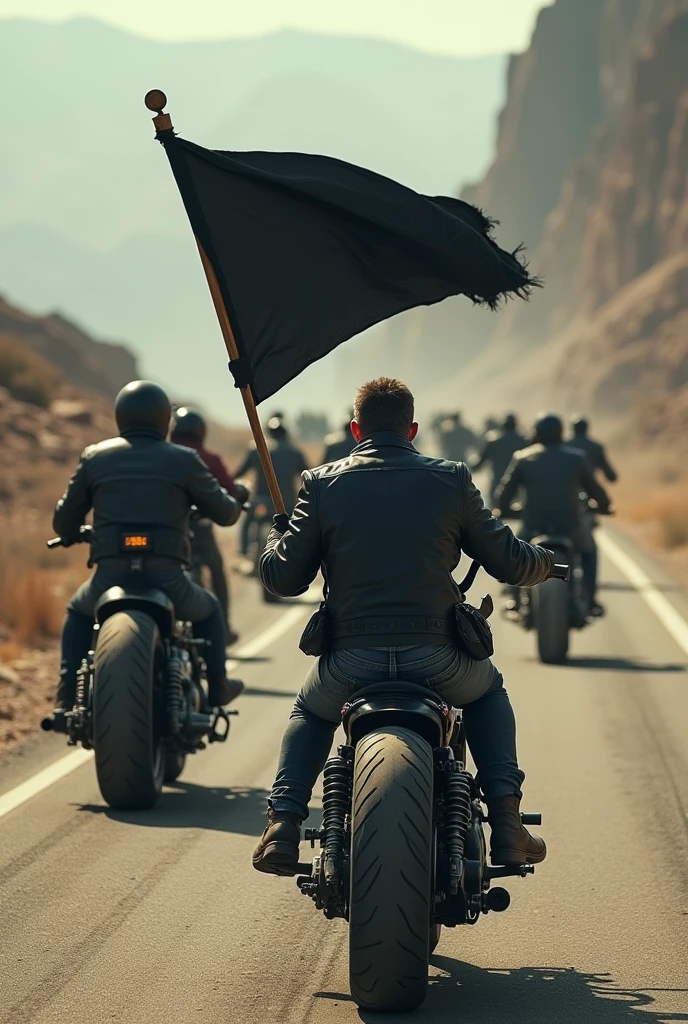 Dozens of motorcycle gangsters ride their motorbikes with their backs to the camera Carrying the black flag  