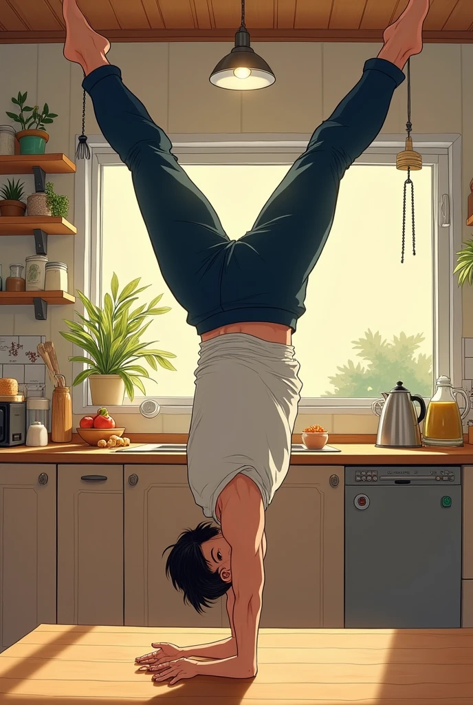 Manhwa male lead standing on his head in the kitchen 